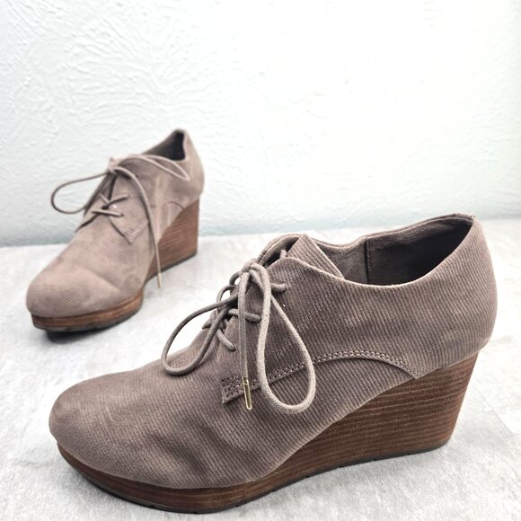 Corduroy Wedge Boots Taupe Lace Up Oxford Comfort Platform Ankle Bootie Size 8.5 - Picture 1 of 10